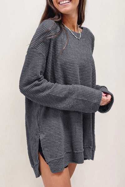 Gray Waffle Knit High Slits Oversized Top-Tops-MomFashion