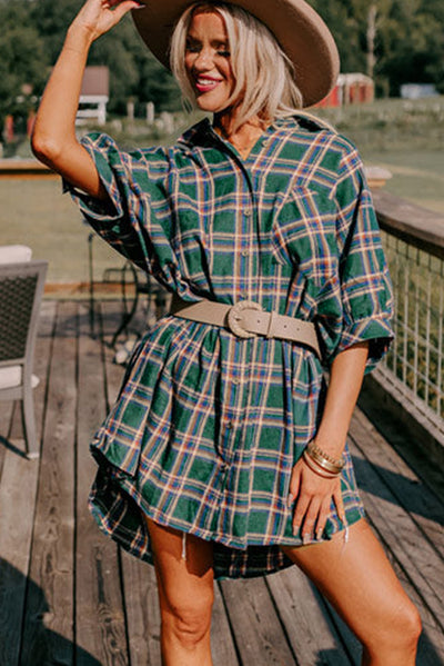 Green Oversized Plaid Half Sleeve Tunic Shirt-Tops-MomFashion