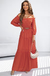 Orange Off Shoulder Balloon Sleeve Cutout Ruffled Maxi Dress-Dresses-MomFashion