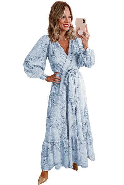 Sky Blue Printed Surplice Neck Bubble Sleeve Maxi Dress with Sash-Dresses-MomFashion