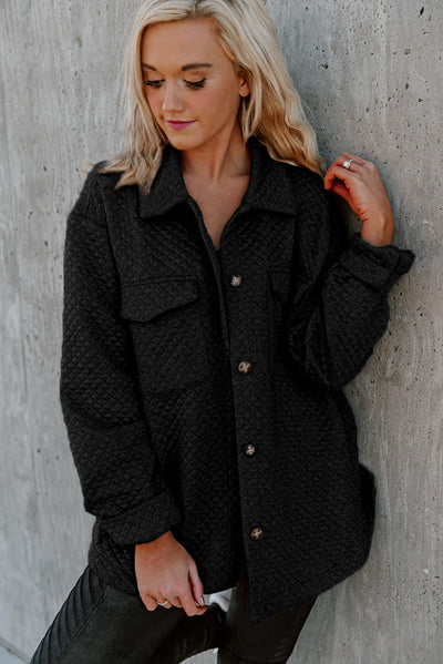 Black Retro Quilted Flap Pocket Button Shacket-Outerwear-MomFashion