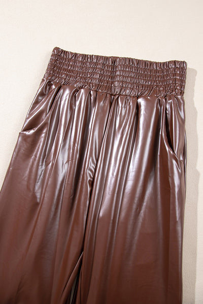 Brown Smocked High-Waist Leather Skinny Pants-Bottoms-MomFashion