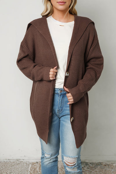 Brown Chunky Knit Lapel Collar Button up Cardigan-Tops-MomFashion