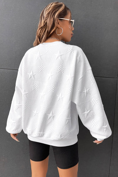 White Star Embossed Textured Drop Shoulder Sweatshirt-Tops-MomFashion