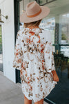 White V Neck 3/4 Sleeve Floral Dress-Dresses-MomFashion