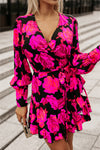 Rose Floral Print V Neck Wrap Bishop Sleeve Ruffle Tiered Mini Dress-Dresses-MomFashion