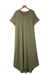 Green Plus Size V Neck Rolled Cuffs Maxi Dress-Plus Size-MomFashion