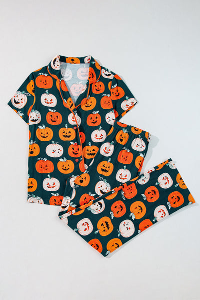 Orange Halloween Pattern Short Sleeve Shirt Pajama Set-Loungewear & Sleepwear/Sleepwear-MomFashion