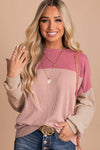 Pink Color Block Long Sleeve Ribbed Loose Top-Tops-MomFashion