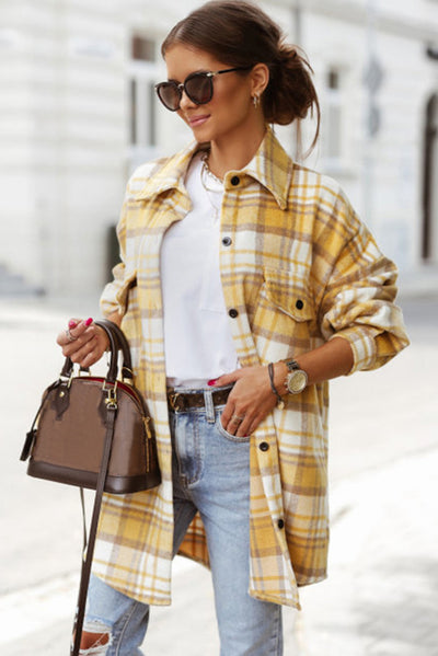 Yellow Plaid Flap Pocket Long Sleeve Shacket-Outerwear-MomFashion