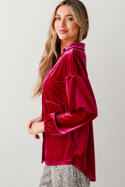 Pitaya Pink Buttoned V Neck Chest Pocket Velvet Shirt-Tops/Blouses & Shirts-MomFashion