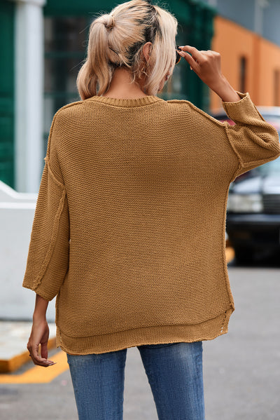 Brown Slouchy Textured Knit Loose Sweater-Tops-MomFashion