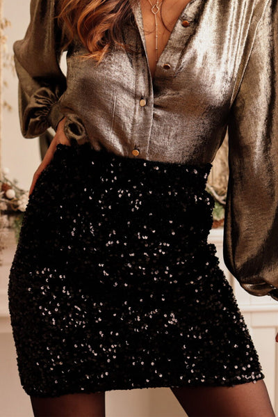 Black Sequin Bodycon Mini Skirt-Bottoms-MomFashion