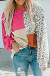 Rose Leopard Patchwork Color Block Ribbed Long Sleeve Top-Tops-MomFashion