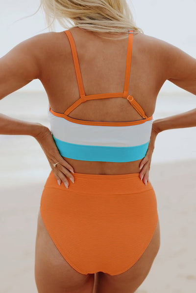 Orange Color Block Spaghetti Strap High Waist Bikini Swimsuit-Swimwear-MomFashion