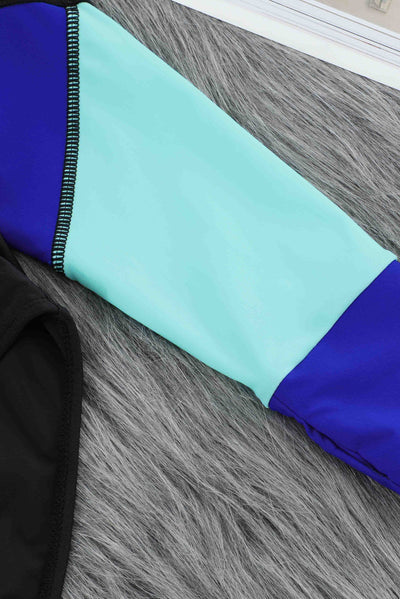 Blue Color Block Zipper Long Sleeve Rash Guard Swimwear-Swimwear-MomFashion