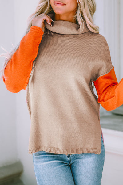 Khaki Color Block Turtle Neck Drop Shoulder Knit Sweater-Tops-MomFashion