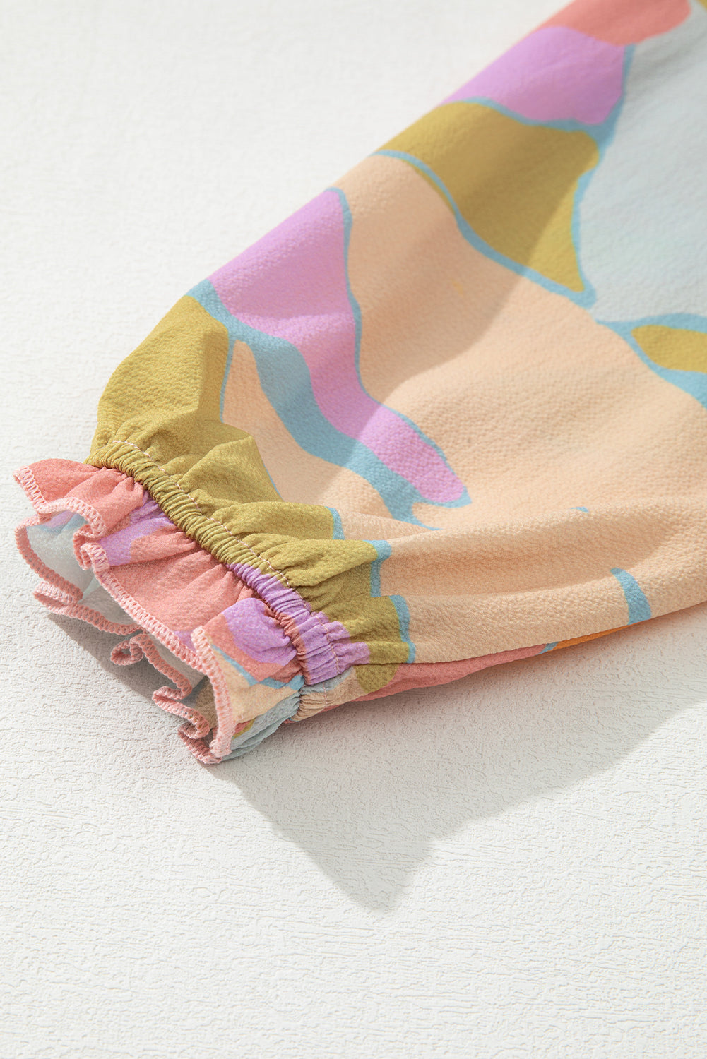 Multicolor Abstract Print Frill Split Neck Babydoll Mini Dress-Dresses-MomFashion