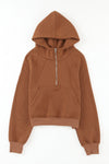 Brown Quarter Zip Kangaroo Pocket Hoodie-Tops-MomFashion