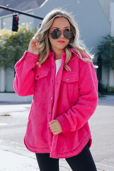 Bright Pink Faux Suede Sherpa Patchwork Button-up Shacket-Outerwear-MomFashion