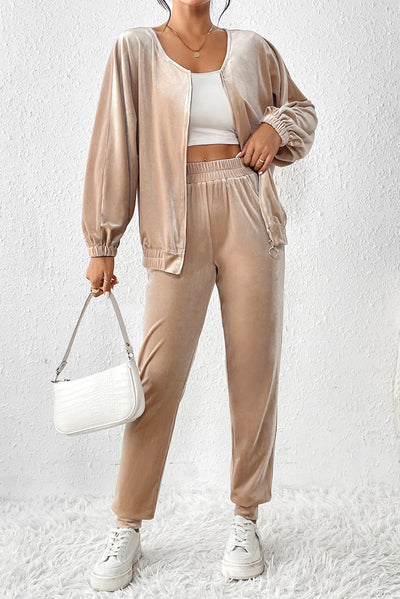 Parchment Velvet Zipped Top and Joggers Two Piece Set-Loungewear-MomFashion