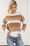 Chestnut Striped Cable Knit Drop Shoulder Sweater-Tops-MomFashion