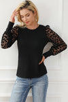 Black Leopard Mesh Puff Sleeve Patchwork Slim Fit Top-Tops-MomFashion