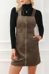 Brown O-ring Zip Up Pocketed Corduroy Dress-Dresses-MomFashion