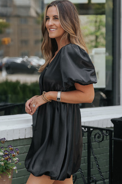 Black Princess Bubble Sleeve Satin Mini Dress-Dresses-MomFashion