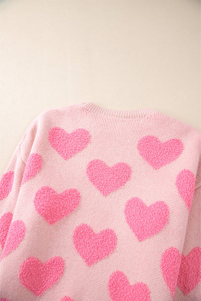 Light Pink Valentine’s Day Heart Jacquard Knit Sweater-Tops-MomFashion