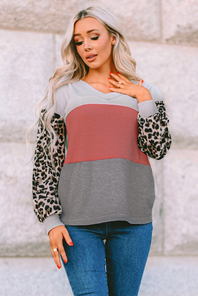 Fiery Red Wild Leopard Contrast Sleeve Colorblock Waffle Knit Top-Tops-MomFashion