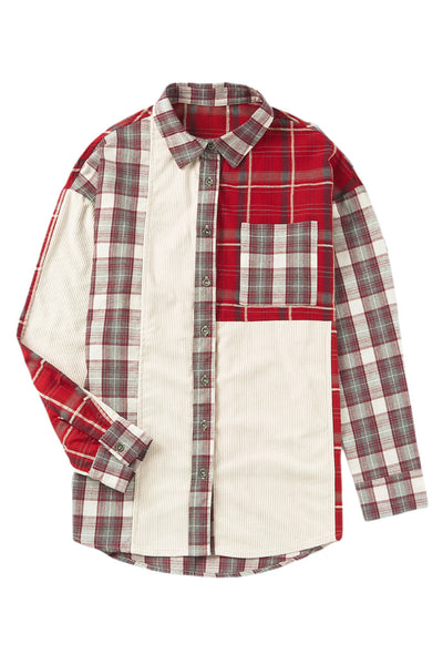 Plaid Corduroy Patchwork Shacket-Outerwear-MomFashion