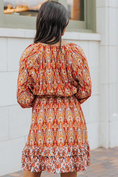 Orange Western Pattern Print Lantern Sleeve Drawstring Mini Dress-Dresses-MomFashion