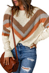 Beige Chevron Striped Drop Shoulder Sweater-Tops-MomFashion