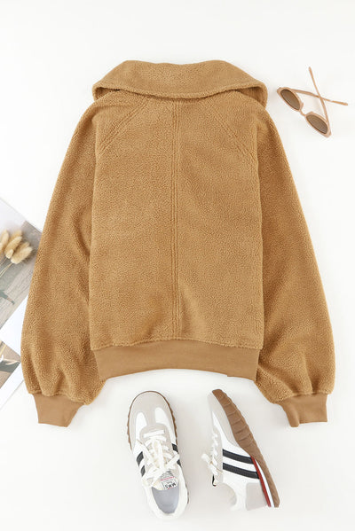 Brown Button Flap Pocket Spread Collar Fleece Jacket-Outerwear-MomFashion