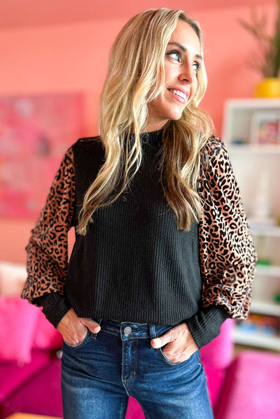 Black Leopard Print Long Sleeve Ribbed Knit Blouse-Tops-MomFashion