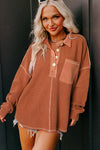 Chestnut Waffle Exposed Seam Pocket Henley Sweatshirt-Tops-MomFashion