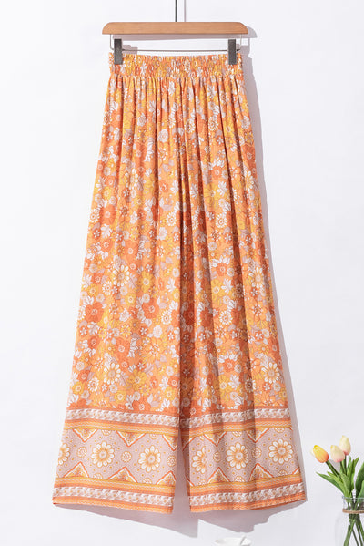 Grapefruit Orange Tie Waist Boho Floral Wide Leg Pants-Bottoms-MomFashion