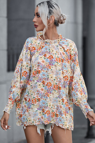 Multicolor Shirred Cuffs Bubble Sleeve Floral Blouse-Tops-MomFashion