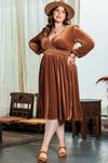 Camel Surplice V Neck Balloon Sleeve Velvet Dress-Plus Size-MomFashion