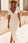 Beige V Neck Ruched Button Front French T-shirt Dress-Dresses-MomFashion