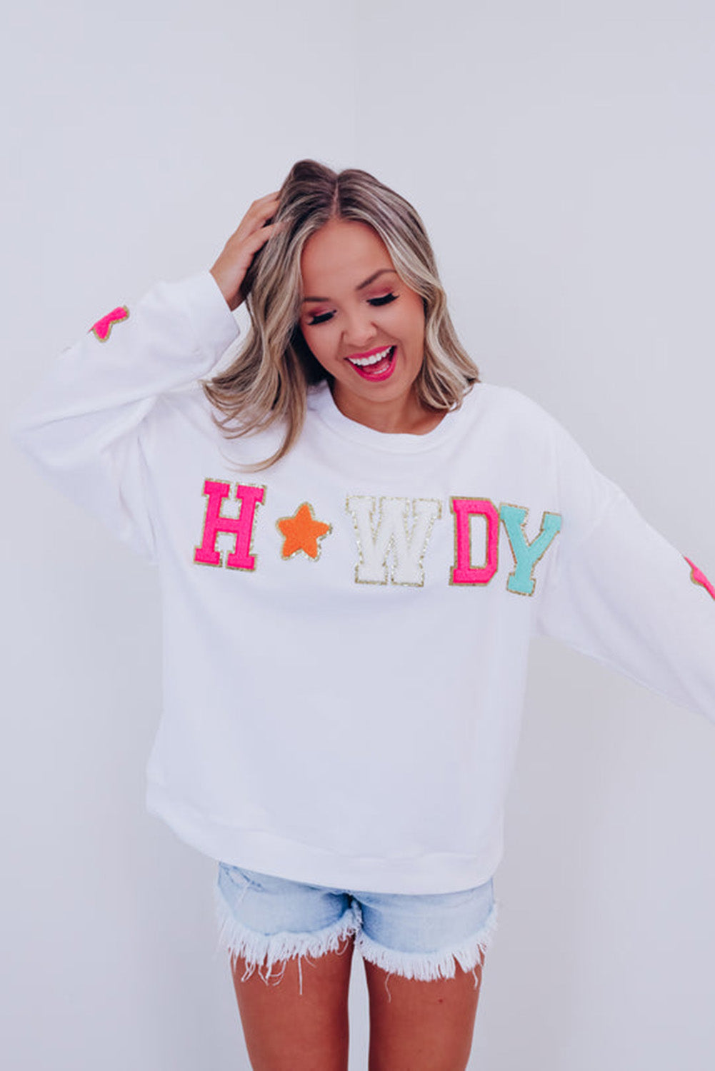 White Glitter Howdy Patch Graphic Casual Sweatshirt-Tops-MomFashion