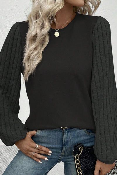 Black Contrast Ribbed Bishop Sleeve Top-Tops-MomFashion