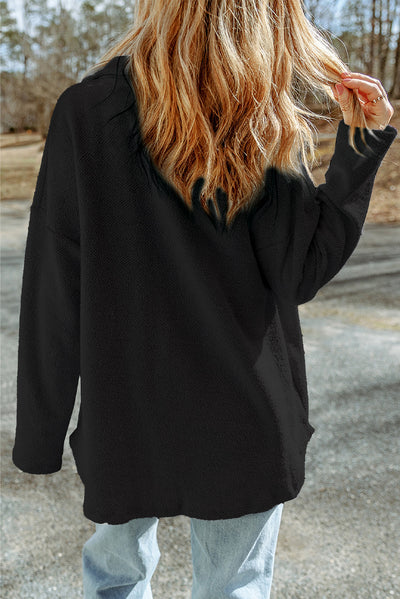 Black Contrast Flap Pockets Relaxed Shacket-Outerwear-MomFashion