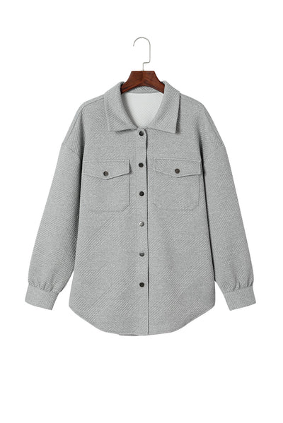 Gray Solid Textured Flap Pocket Buttoned Shacket-Outerwear-MomFashion