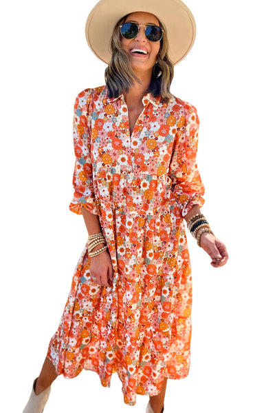 Multicolor Boho Floral Collared Long Sleeve Ruffled Dress-Dresses-MomFashion