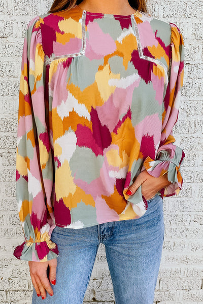 Multicolor Abstract Printed Long Sleeve Blouse-Tops-MomFashion