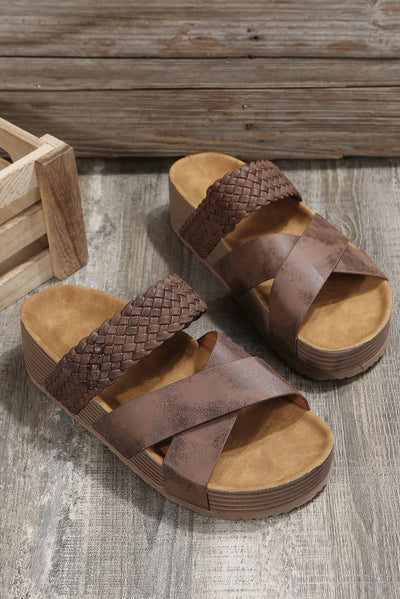 Brown Braided Detail Criss Cross Platform Slippers-Shoes & Bags-MomFashion