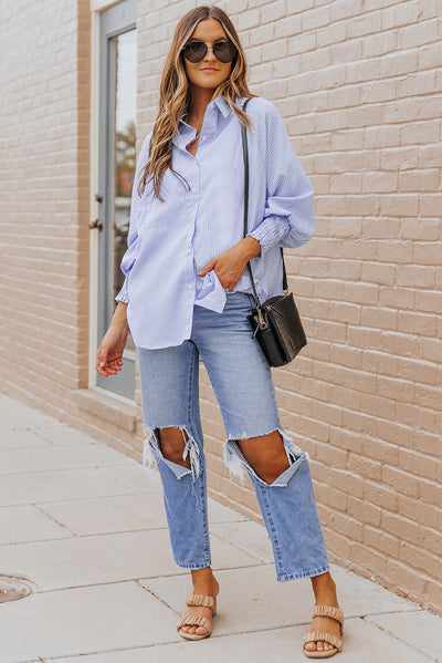 Sky Blue Smocked Cuffed Striped Boyfriend Shirt with Pocket-Tops-MomFashion