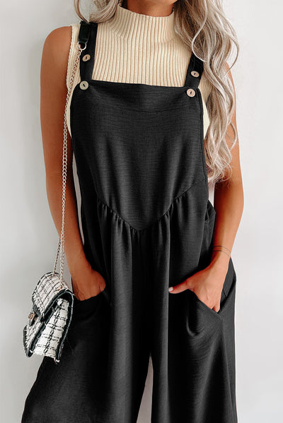 Black Textured Buttoned Straps Ruched Wide Leg Jumpsuit-Bottoms-MomFashion